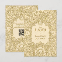 中世のヴィンテージロイヤルゴールドモノグラムウェディングQR 出欠カード