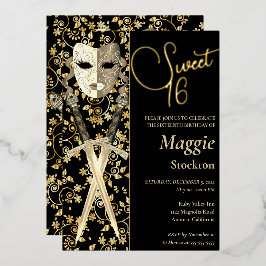 中世の仮面舞踏会のSweet 16 インビテーション 箔招待状