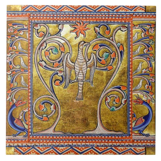中世の伝説,命の木の上のフェニックス,ドラゴン タイル (正面)