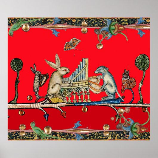 中世の作り音楽，うさぎ，犬，赤 ポスター (正面)