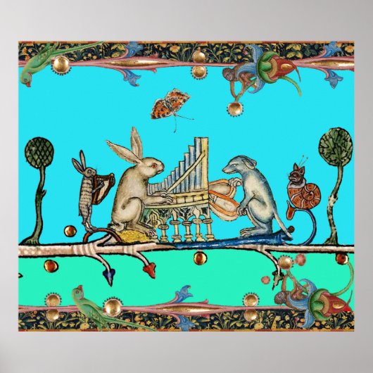 中世の作り音楽，うさぎ，犬，青 ポスター (正面)