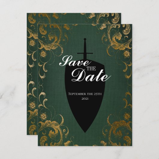 中世の剣 エレガントなテーブルトップゲーマー Save theDate 招待状 (正面/裏面)