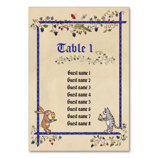 中世の動物のテーブル番号。ゲスト名を付けたカード テーブルナンバー (正面)