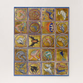 中世の動物，幻想的な動物，金ゴールド赤ブルー ジグソーパズル (縦)