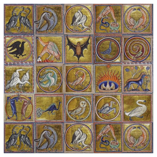 中世の動物，幻想的な動物，金ゴールド赤ブルー ファブリック (見本)