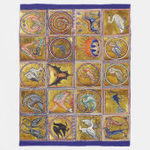 中世の動物,幻想的な動物,金ゴールド赤ブルー フリースブランケット (正面)