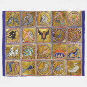 中世の動物,幻想的な動物,金ゴールド赤ブルー フリースブランケット (正面(横))