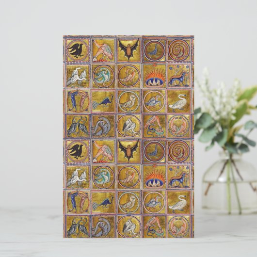 中世の動物，幻想的な動物，金ゴールド赤ブルー 便箋 (スタンド正面)