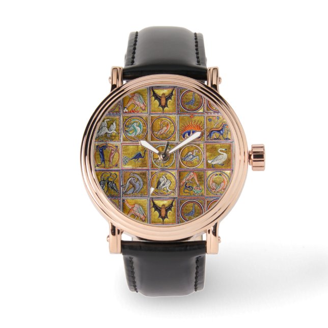 中世の動物，幻想的な動物，金ゴールド赤ブルー 腕時計 (正面)