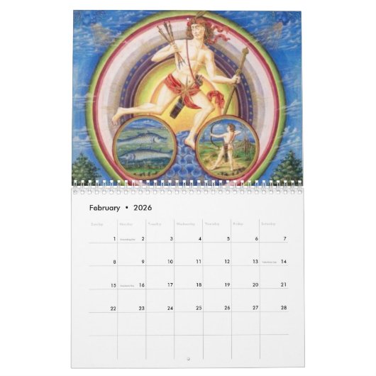 中世の占星術と天文学〔占星術の〕十二宮図 カレンダー (2月 2026)