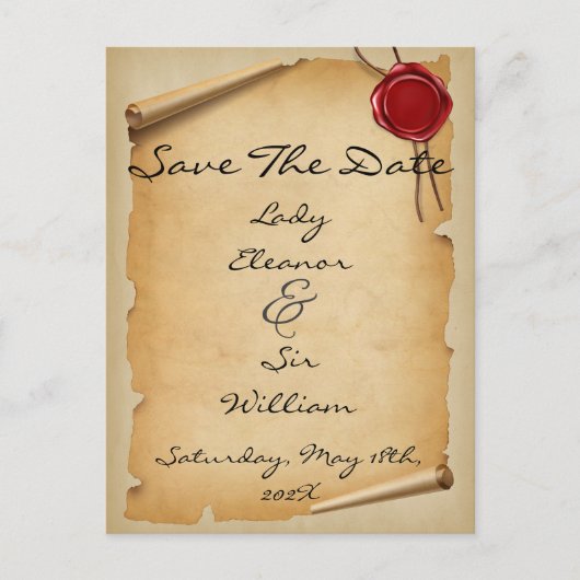 中世の古びた巻物ワックスシール付きSave The Date ポストカード (正面)
