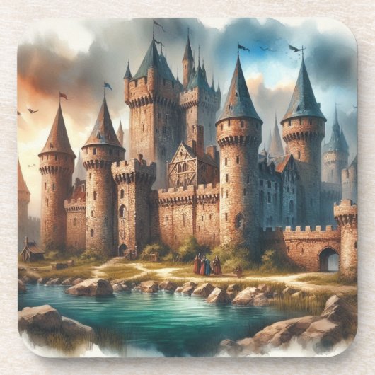 中世の城下町 – 夕暮れ時の静かな川|過去記事 コースター (正面)