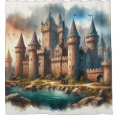 中世の城下町 – 夕暮れ時の静かな川|過去記事 シャワーカーテン (正面)