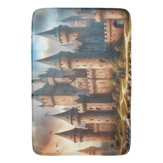 中世の城下町 – 夕暮れ時の静かな川|過去記事 バスマット (正面縦)