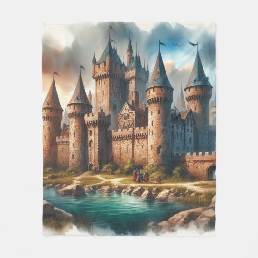 中世の城下町 – 夕暮れ時の静かな川|過去記事 フリースブランケット (正面)