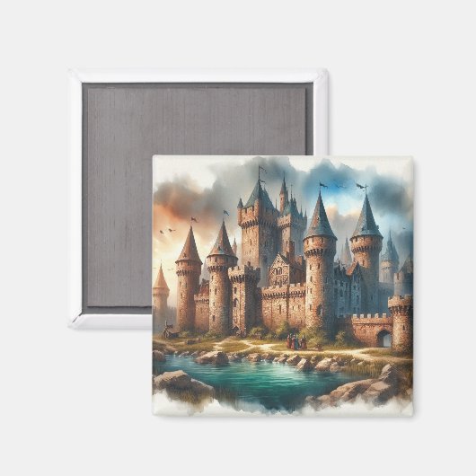 中世の城下町 – 夕暮れ時の静かな川|過去記事 マグネット (正面/裏面)