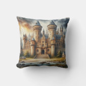 中世の城 – 夕暮れ時と大気 クッション (正面)