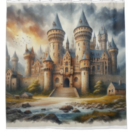 中世の城 – 夕暮れ時と大気 シャワーカーテン