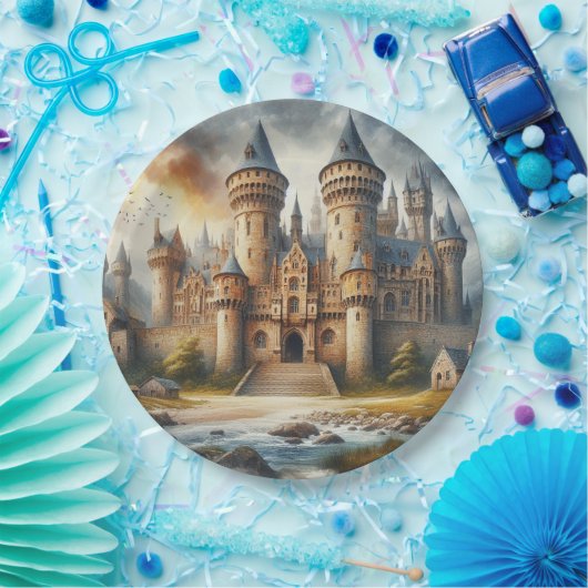 中世の城 – 夕暮れ時と大気 ペーパープレート (パーティー)