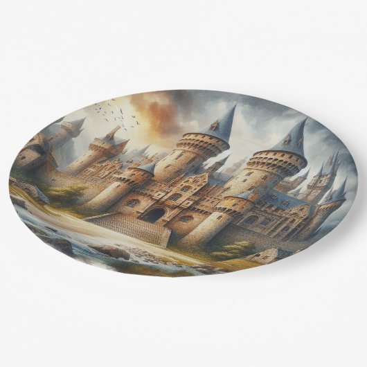 中世の城 – 夕暮れ時と大気 ペーパープレート (アングル)