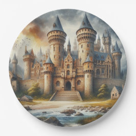 中世の城 – 夕暮れ時と大気 ペーパープレート