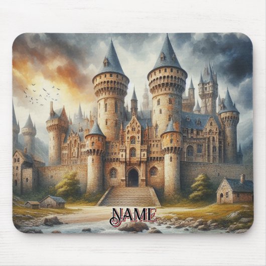 中世の城 – 夕暮れ時と大気 マウスパッド (正面)