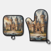 中世の城 – 夕暮れ時と大気 鍋つかみ&鍋敷きセット (正面)