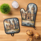 中世の城 – 夕暮れ時と大気 鍋つかみ&鍋敷きセット (トップダウン)