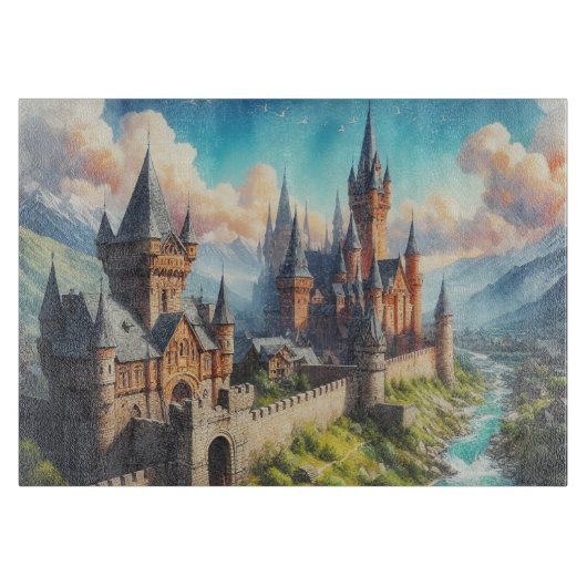 中世の城 – 山の谷 – 風景 カッティングボード (正面)