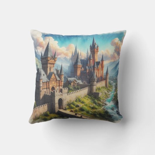 中世の城 – 山の谷 – 風景 クッション (裏面)