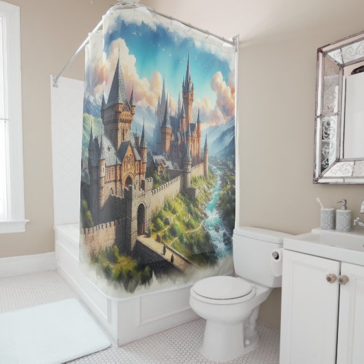 中世の城 – 山の谷 – 風景 シャワーカーテン (インサイチュ)