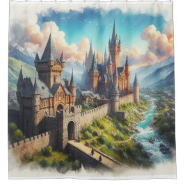 中世の城 – 山の谷 – 風景 シャワーカーテン