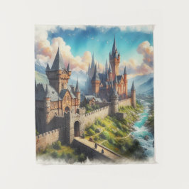 中世の城 – 山の谷 – 風景 タペストリー