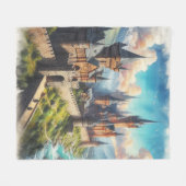 中世の城 – 山の谷 – 風景 フリースブランケット (正面(横))