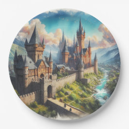 中世の城 – 山の谷 – 風景 ペーパープレート