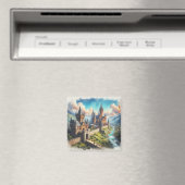 中世の城 – 山の谷 – 風景 マグネット (インサイチュ (食洗機))