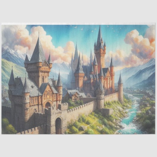 中世の城 – 山の谷 – 風景 薄葉紙 (正面)