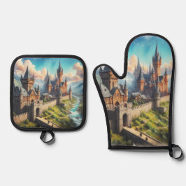 中世の城 – 山の谷 – 風景 鍋つかみ&鍋敷きセット