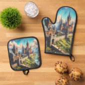 中世の城 – 山の谷 – 風景 鍋つかみ&鍋敷きセット (トップダウン)