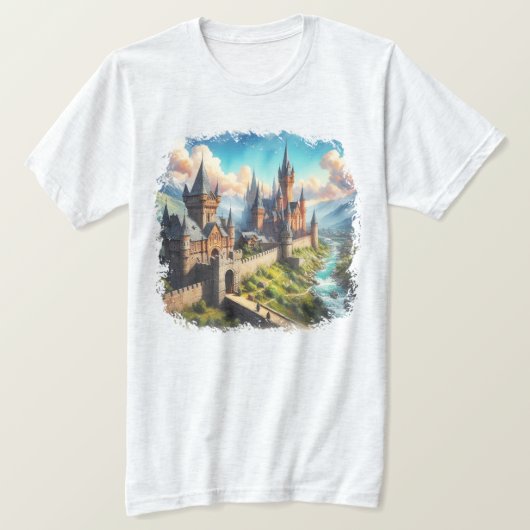 中世の城 – 山の谷 – 風景 Tシャツ (デザイン正面)