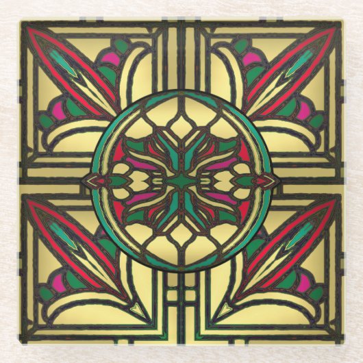 中世の大聖堂の窓ステンドグラス金ゴールド ガラスコースター (正面)