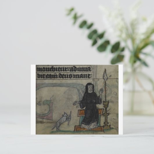 中世の女性が猫と一緒に紡ぐ ポストカード (スタンド正面)