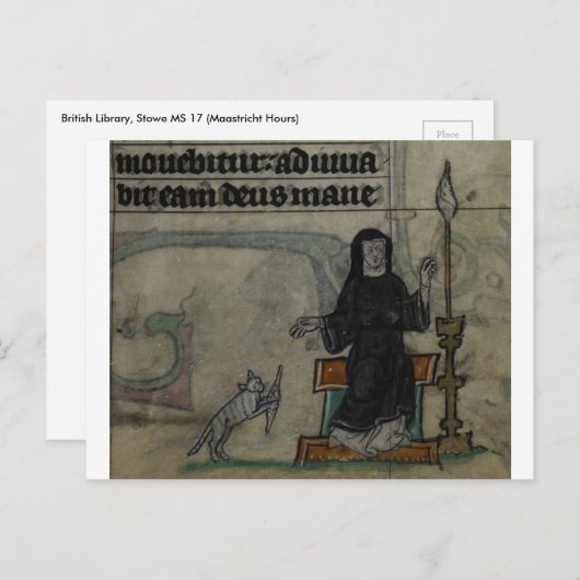 中世の女性が猫と一緒に紡ぐ ポストカード (正面/裏面)