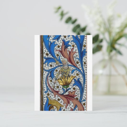 中世の女性が紡ぎ棒と糸巻きを使って紡いでいる様子 ポストカード (スタンド正面)