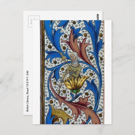 中世の女性が紡ぎ棒と糸巻きを使って紡いでいる様子 ポストカード (正面/裏面)