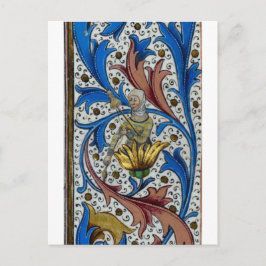 中世の女性が紡ぎ棒と糸巻きを使って紡いでいる様子 ポストカード