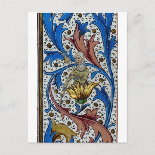 中世の女性が紡ぎ棒と糸巻きを使って紡いでいる様子 ポストカード (正面)