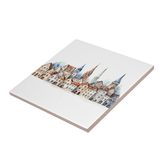 中世の旧市街の水彩 タイル (側面)