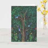 「中世の木の青い鳥」グリーティングカード カード (黄色い花)