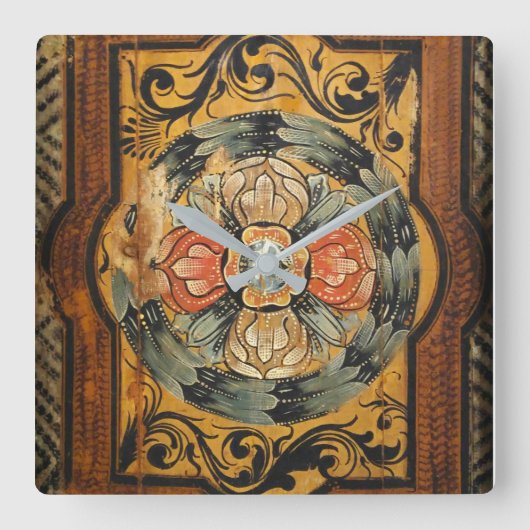 中世の木絵画材のヴィンテージ スクエア壁時計 (正面)